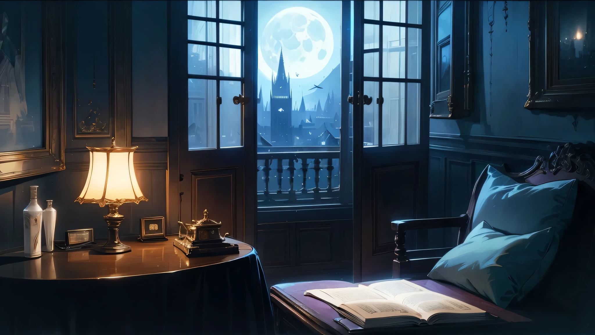 dimly lit room、Moonlight is shining through the window、Stylish interior、There is a music box on the table、Full moon outside the window