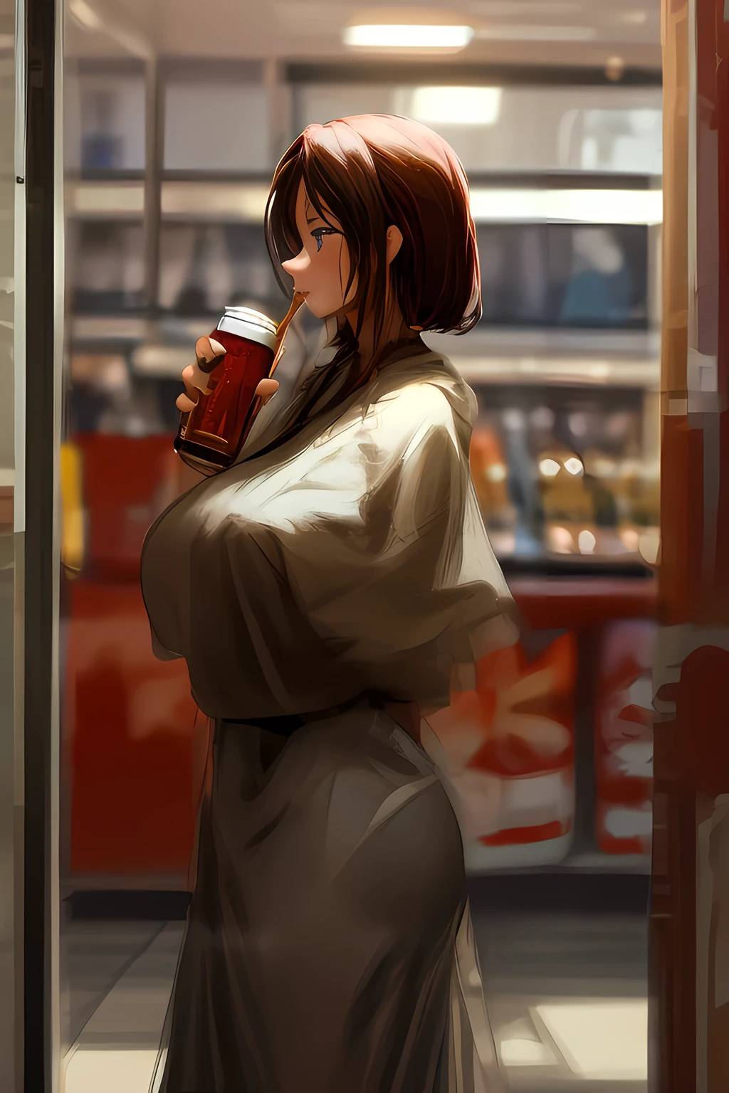 mature Beauty in room wears at midnight convenience store, taking beer can