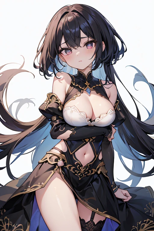 1girl, anime, cute girl, blank background, white background, fantasy, detailed fantasy dress with highlights, beautiful face, beautiful eyes, dark colors, black hair with multicolor streaks, red eye with different color pupil in eye, multicolor eye, medium small breasts (slightly big), slight cleavage, beautiful skin, cute, breast curtains, extremely delicate and beautiful, (beautiful detailed face:1.0), (detailed deep eyes), symmetrical breasts, deep eyes, shiny skin, portrait, slender waist, hips wider than shoulders, thighs, expressionless, young girl, luminous eyes, adorable,(Kpop idol),(aegyo sal:1),(Platinum blonde hair:1),((puffy eye)),Black panty,sexy posture,Superskirt, ultra high resolution,Black collar,slim figure, Abdominal y tattoo, womb tattoo,Tight-fitting leg ring,y tattoo on half-body,Bare skin, Armored hand,Hidden fingertips,Hand covered,Arm covered,Fist covered,{{beautiful detailed fingers}}, tufts of hair, moderate beautiful breast:1.0,(masterpiece:1.2), best quality, high-res, HDR, perfect face, intricate armor, delicate blue filigree, intricate filigree, red metalic parts, detailed part, dynamic pose, dynamic lights, cute face