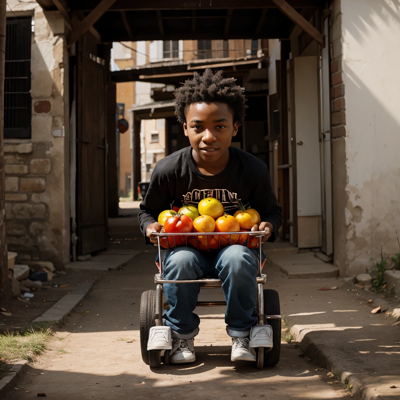 Black boy being a cart of tomatoes 