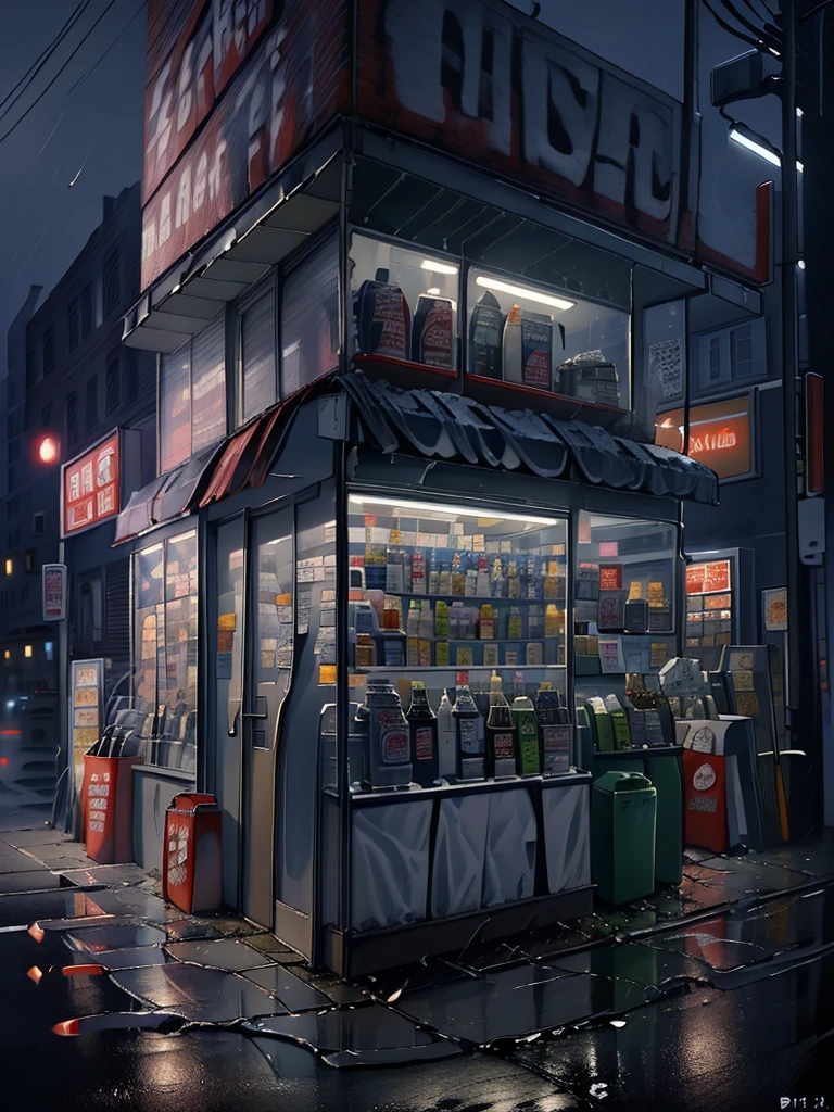 general shot, ((midnight convenience store:1.5)), (town, street at midnight, wind, flying papers, puddles of water in the streets, ((poster with text, "24 hour store":1.3) ), vintage cars, street lamps lighting, heavy rain, dark and cold night: 1.3), masterpiece, hyper realistic, highly detailed and well defined, award-winning image, beautiful photography, CG K: 1.4, 8k