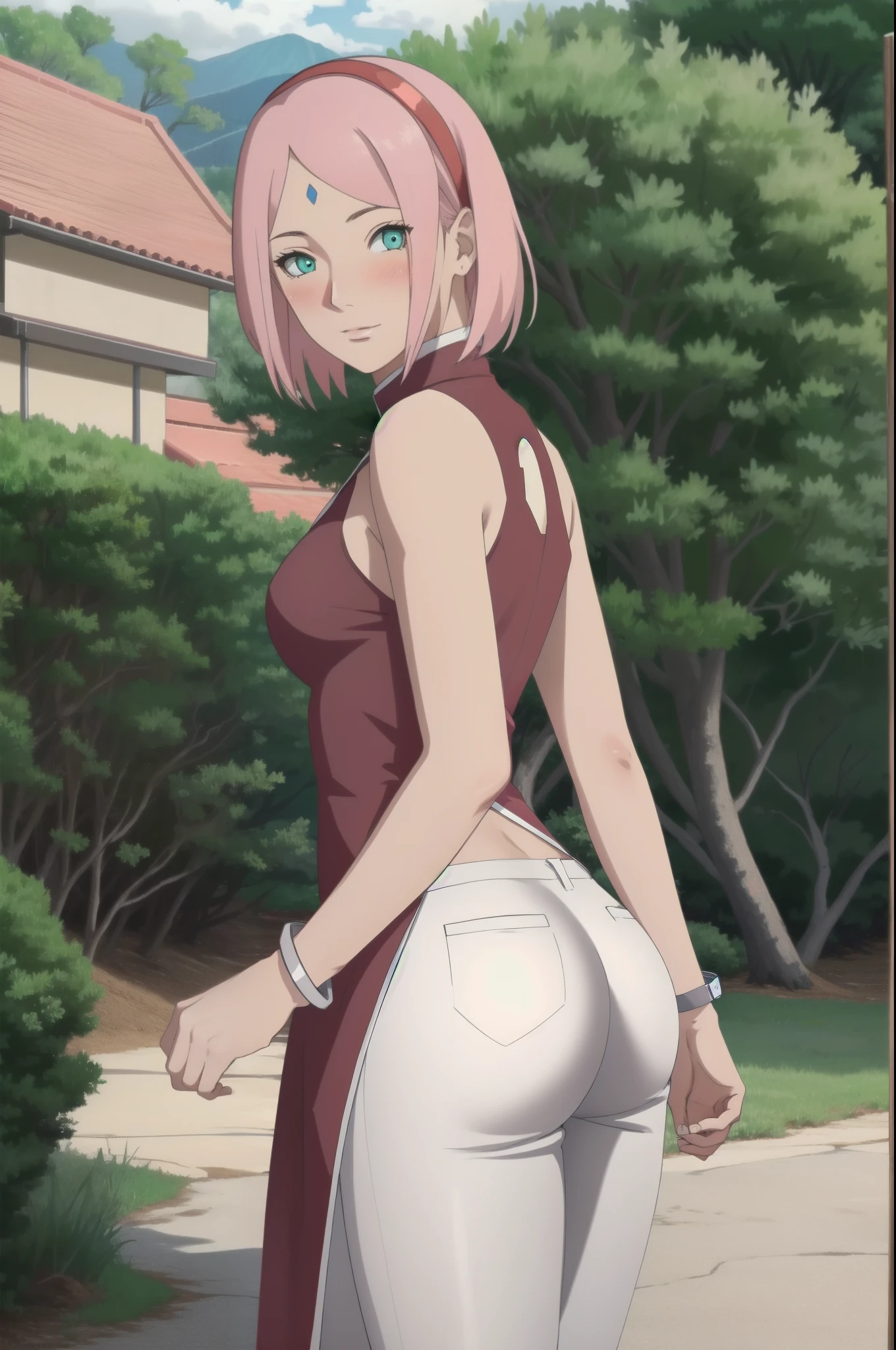 Masterpiece,stunning realistic, best quality, sharpness,1 girl,pink hair,green eyes,HARUNO SAKURA RED SLEEVELESS DRESS WHITE PANTS BRACELETS FOREHEAD MARK RED HAIRBAND UCHIHA CREST,big ass,perfect round ass,back view,from the back,stamding in a garden,sea at the background,(arms behind head:1.2)