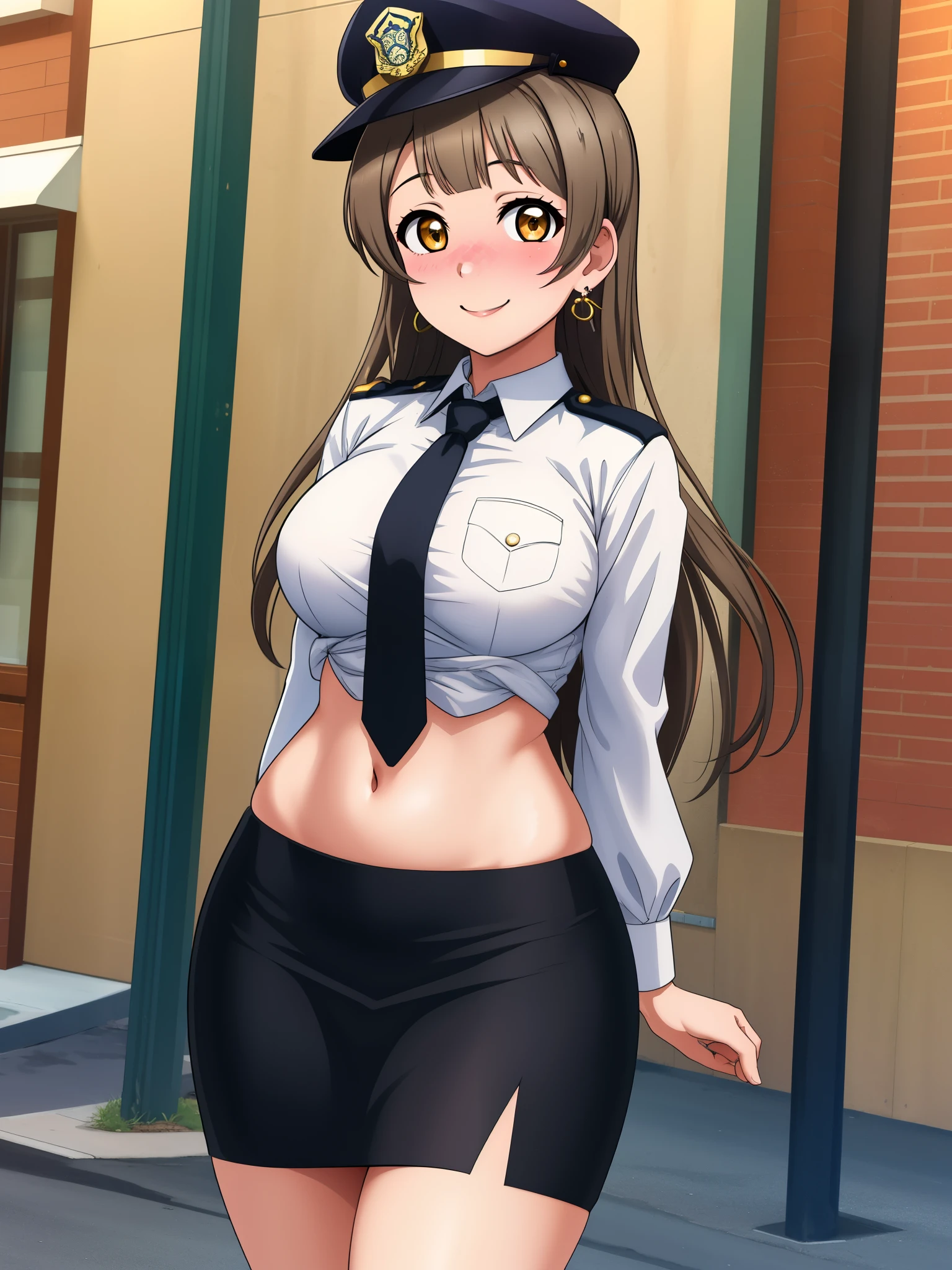 Masterpiece, best quality,solo, (detailed face), minami kotori, curvy body, smile,(embarrassed:1.2) ,white shirt,half sleeves,earrings, pencil skirt, midriff, necktie , standing,police cap,in street,looking at viewer, cowboy shot, thighs, wide hips , arms behind back 