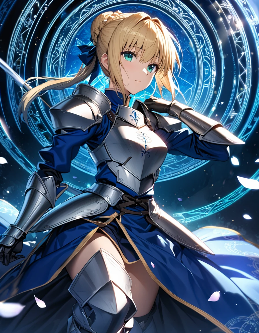 Ultra detailed, Highres, absurdres, HDR, Saber, blond hair tied in a bun, aqua eyes, Fate Stay Night, blue dress, silver armor, extremely beautiful, 1 woman only, blue magical circle, petals