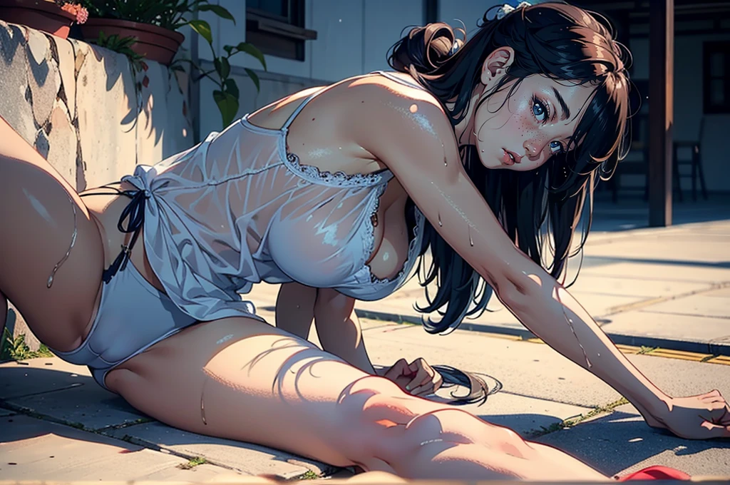 カラフルなヨガマットに座っている白い下着を着たアラフィフの日本people女性, 日本people女性1people, realistic young gravure idol, Yoshitomo Nara, Young beautiful gravure idol, Chiho, 8K)), young sensual gravure idol, Glossy skin that looks wet!!, shiny silver, Mole under left eye,Cute freckles on the cheeks,((beautiful skin)),((skin texture)),((Real Touch)),healthy, Ruddy, facing forward,forward bending posture,spread legs,physical education sitting, Hair tied up with a rubber band,looking at camera,