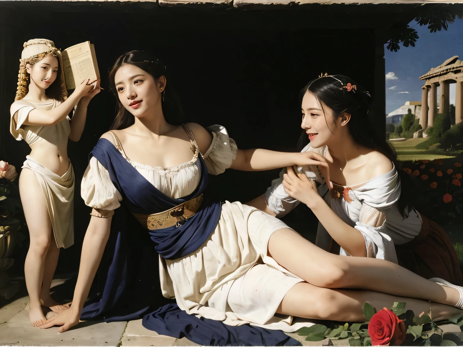 full body portrait or statue、Giorgione painting style,Arguments of two female Philosophe,math、astronomical machine、astronaut、roses in vase、fruits、Cute trinkets、smile、ancient greek costume、Ancient Roman landscape in the style of Nicolas Poussin,laughter,,Sweet and seductive appearance.、Caravaggio's paintings、Chiaroscuro of Caravaggio、hair tousled by the wind,Two women frolicking,cute smile, expression of ecstasy,Sexy,erotic
