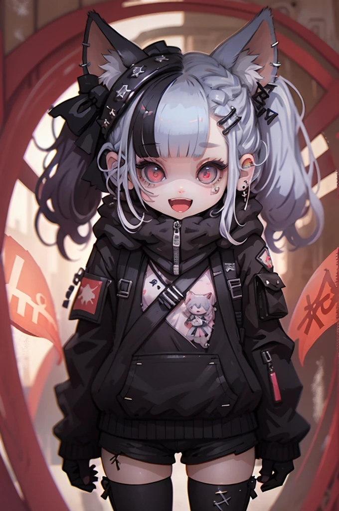 photorealistic,Figure, (chibi, flat, Nendoroid:1.5,plastic),solo,1girl,cute, kawaii,small ???,smile,open mouth,hair floating,black hair and mesh by white,twin tail hair,pale skin,skin color blue,eyes are red,red eyes shining,big eyes,ripped clothes:1.8,tight tube top,breast,tight hot pants,dynamic pose:1.6,stomach seen little,punk fashion,beautiful lighting, volumetric lighting, dynamic angle, (photographic portrait), sharp,