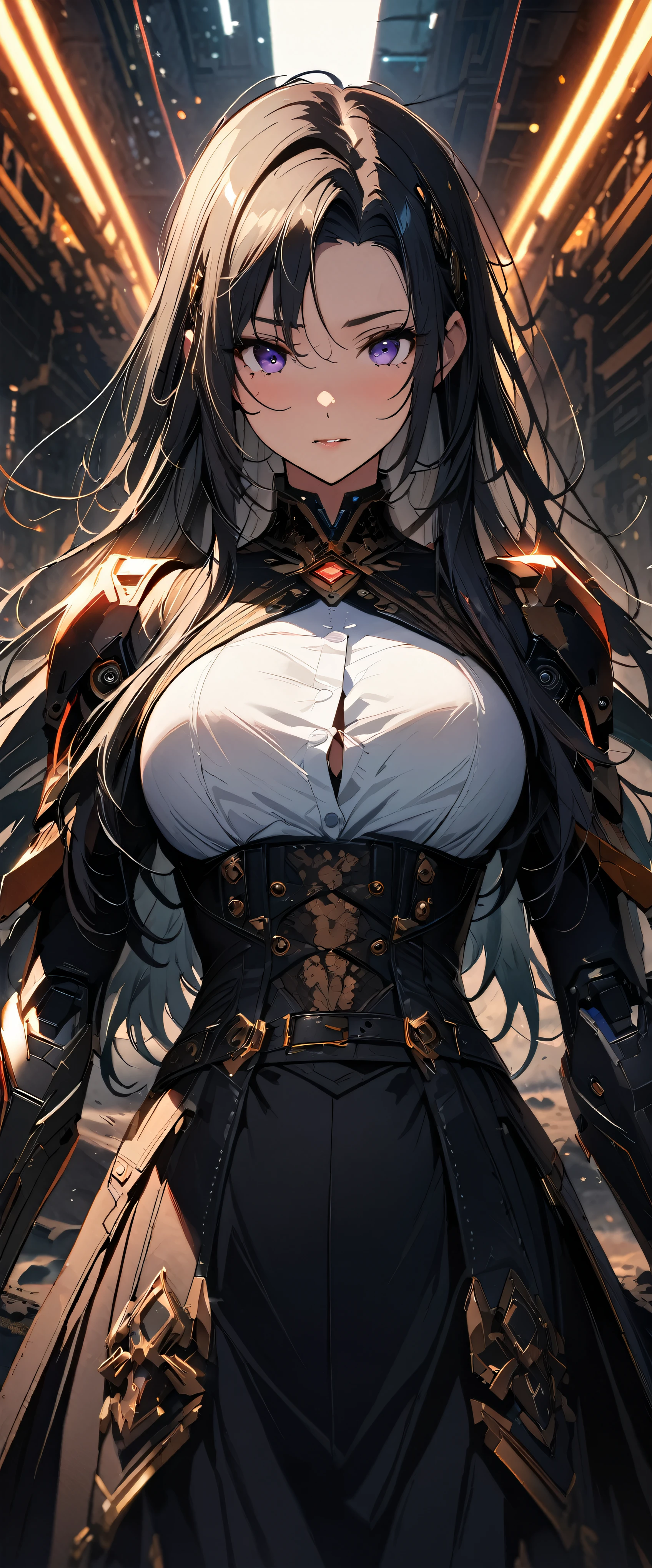 (((masterpiece)))、((highest quality))、(super detailed)、(CG illustration)、(very beautiful girl))、cinematic light、(((1 Mechanical Girl)))、 Science fiction、Apocalypse、Eroguro、battlefield(beautiful and luxurious:1.2)、(1 girl:1.3)、facing the front, (double breasted,under bust:1.2), button gap,(((corset belt))),(((high waist skirt,)))Soiled with soil