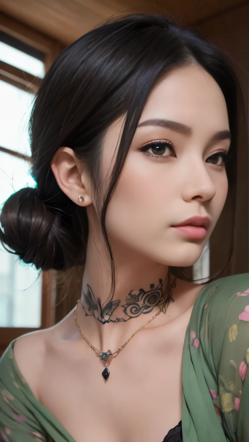 (8K, highest quality, masterpiece:1,2), (realistic, Photoreal:1.37), Super detailed, one girl,), (very detailed), (detailed and beautiful eyes), (highest qualityの), (Super detailed ), (masterpiece), (detailed face),woman((19 years old)),portrait, blackhairストレート, yellow-white eyes, 長いhair, blackのhair ,hair((black、 彼女の前hairは下がっている,princess cut、length)), ウェーブのかかったhair, 前hair, background golden hour, null, Tattoo on chest, Green ruffled blouse, race, neck tattoo, Rose tattoo、off shoulder