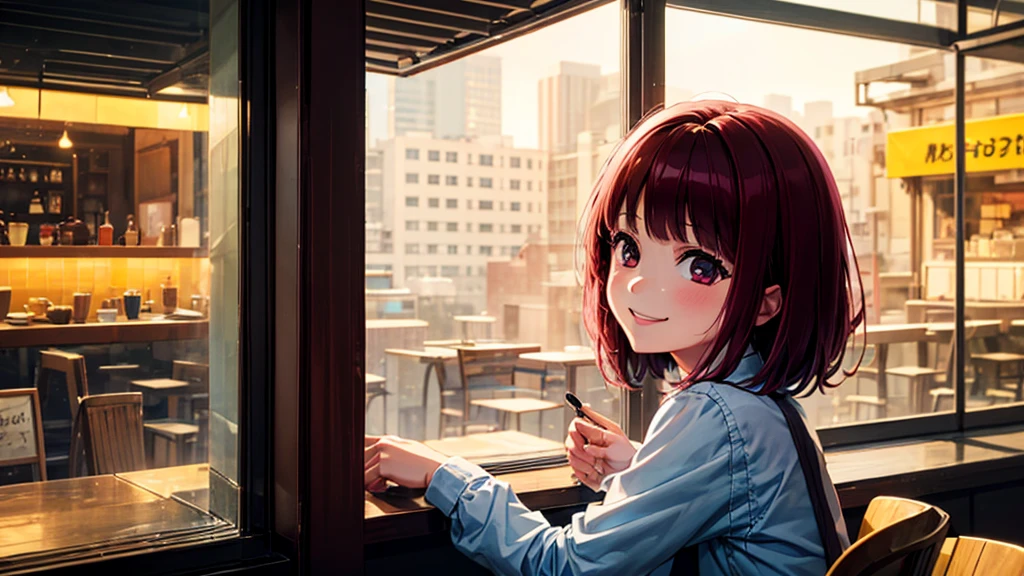 original photo, best quality), 1 girl, Kana Arima, natural lighting, Upper body, cafes, Smile, Satosh Khan Art Style