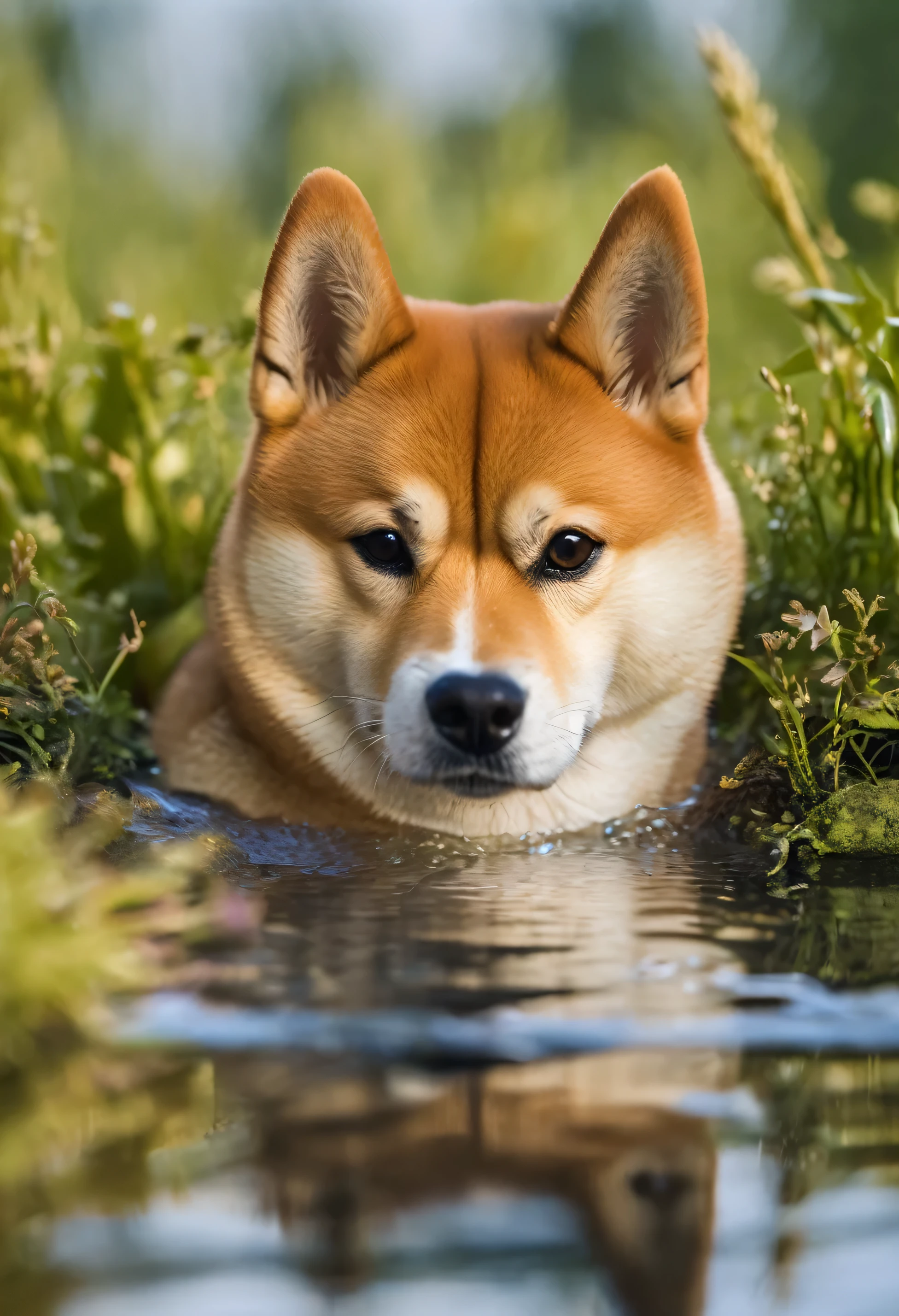 An ultra detailed photo of shiba inu in a pond, ultra sharp focus, award winning photo, perfect contrast, high sharpness, ultra detailed photography