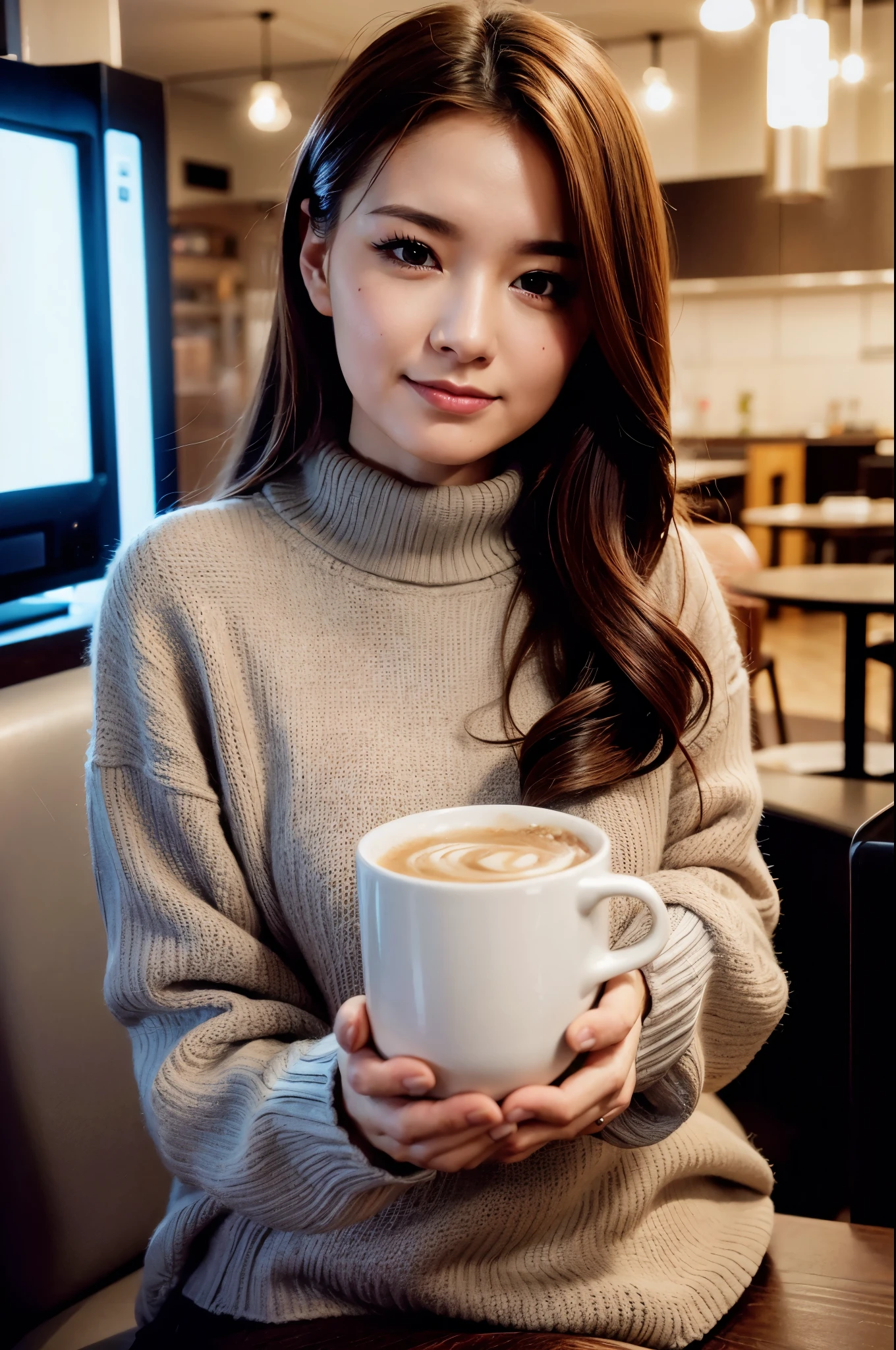 tv_Daria_MXAI, ,  , wearing a cozy knitted sweater, sitting in a café, holding a steaming mug with both hands, happy expression,, 8k resolution, highres, high detail, sharp focus, detailed skin,  8k uhd, bokeh, analog photography