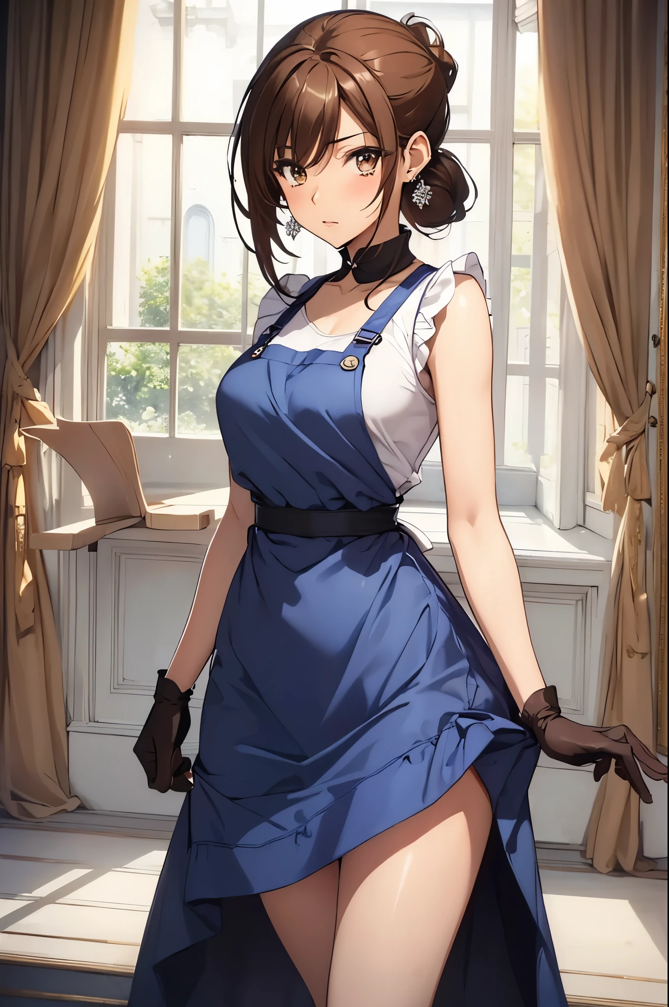 (masterpiece, best quality:1.2), expressive eyes, perfect face, highres, 1girl, solo, (female:1.5), issei_hyoudou, long hair, brown eyes, blue dress, (apron dress), make-up, earrring, long gloves, meshes, blushing, nervous, standing, portrait, looking at viewer