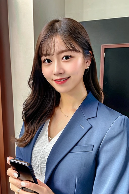 highest quality, shape, Super detailed, finely, High resolution, 8k wallpaper, ((have a smartphone)), 完璧なダイナミックな構shape, beautiful and detailed eyes, dark blue suit, straight hair,small breasts natural color lip, smile、indoor、20 year old girl、cute、Photographed from the camera&#39;s perspective,perfect and beautiful face,blur the background, ((Smartphone in hand)), half up