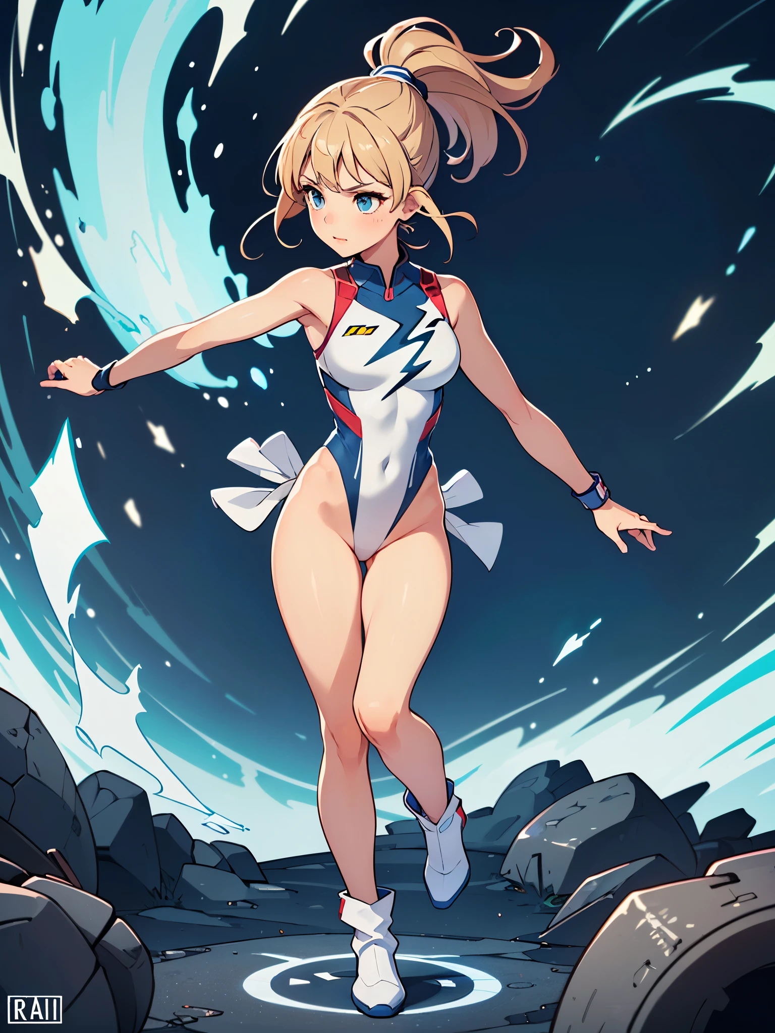 1girl, tall body, light blonde hair, aquamarine eyes, boots, breasts, bracelets, full body, hair ornament, ((shoulder-length hair, ponytail, bangs)), full body with costume, ((leotard, perfect leotard, gymnast_outfit leotard, white leotard with blue accents, bare legs)), hi-tech shoulder pads, (white boots), medium breasts, perfect hands, complete fingers, perfect anatomy, perfect proportions, solo, solo focus, superhero, ((blue lightning logo on chest)), beautiful detailed eyes, beautiful detailed face, age 18, asuka suit, full body portrait, ((she spins at an incredible speed, creating a whirlwind of air around her, cyclone spinning, spiral lines))