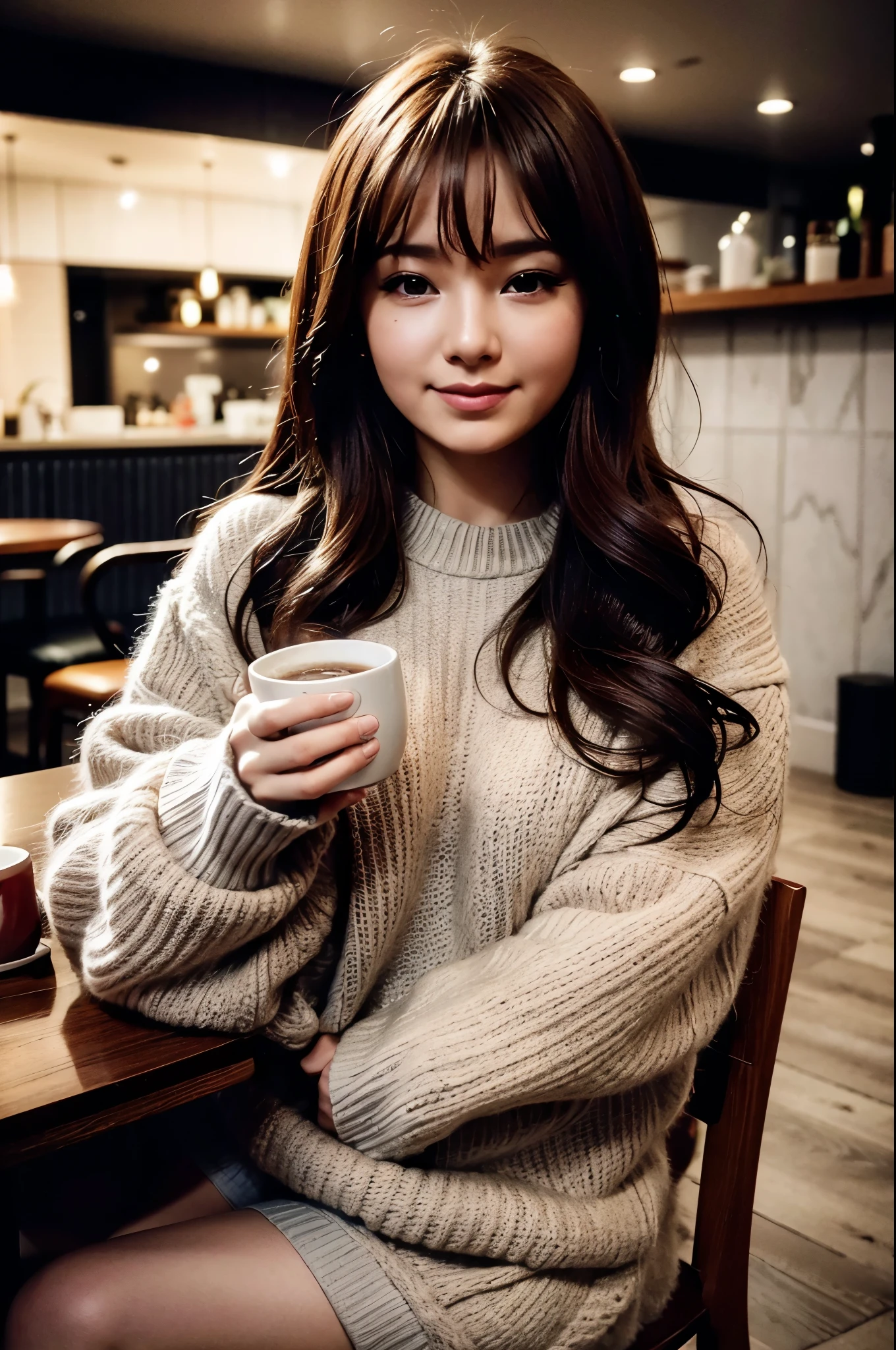 tv_Daria_MXAI, ,  , wearing a cozy knitted sweater, sitting in a café, holding a steaming mug with both hands, happy expression,, 8k resolution, highres, high detail, sharp focus, detailed skin,  8k uhd, bokeh, analog photography