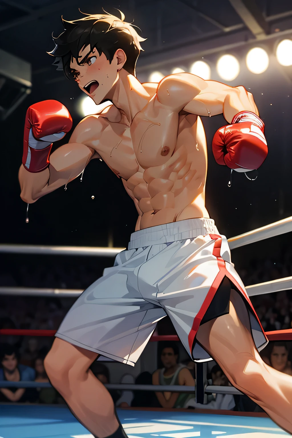 shirtless handsome manly short black hair caucasian male mma fighter, mma gloves, mma shorts, sweat-drenched, soaking wet, drenched with sweat, sweating profusely, determined, inside the ring