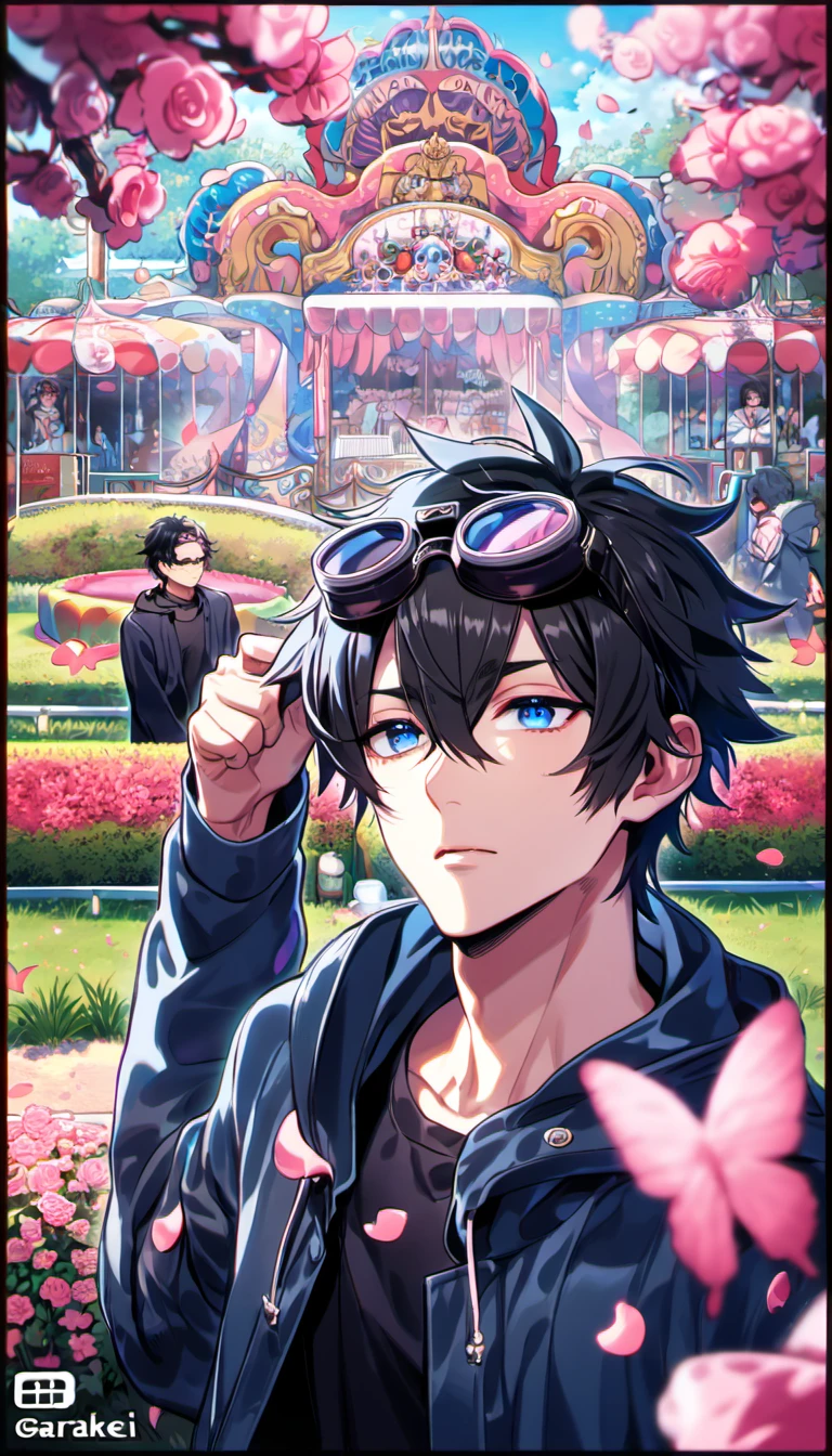 absurdres, highres, ultra detailed, HDR, masterpiece, Gareki, spiky black hair, hair between the eyes, expressive blue eyes, Karneval, 1 adult man, handsome, pink petals, pink butterflies, pink flowers, garden, extremely detailed, black shirt, a hooded blue coat, a pair of black goggles on the forehead