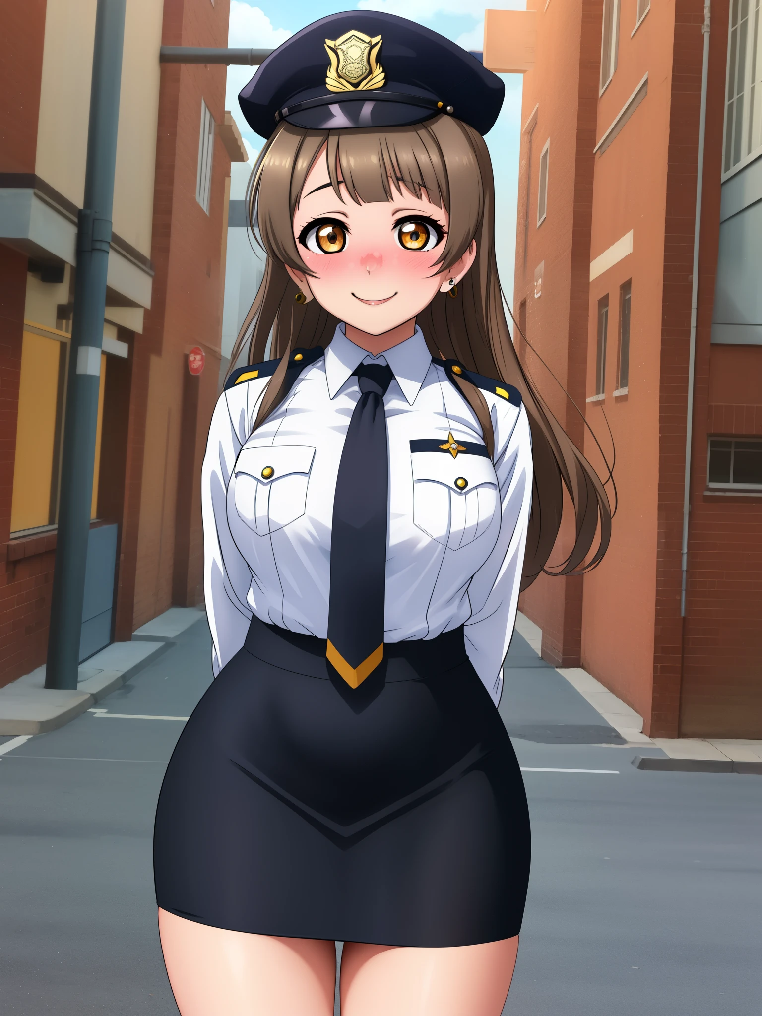 Masterpiece, best quality,solo, (detailed face), minami kotori, curvy body, smile,(embarrassed:1.2) ,white shirt,half sleeves,earrings, pencil skirt, necktie , standing,police cap,in street,looking at viewer, cowboy shot, thighs, wide hips , arms behind back 