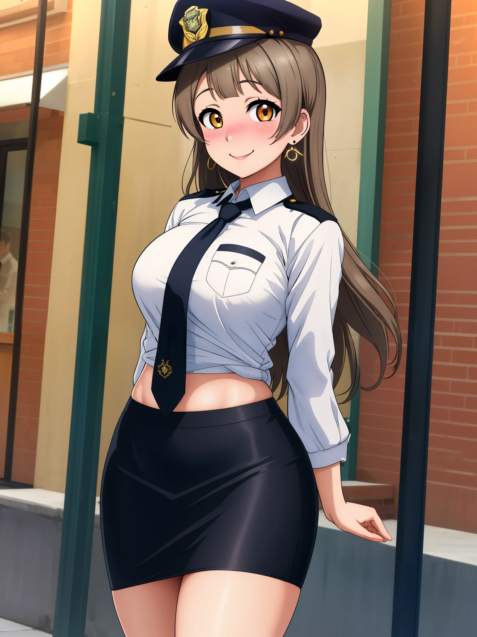 Masterpiece, best quality,solo, (detailed face), minami kotori, curvy body, smile,(embarrassed:1.2) ,white shirt,half sleeves,earrings, pencil skirt, necktie , standing,police cap,in street,looking at viewer, cowboy shot, thighs, wide hips , arms behind back 