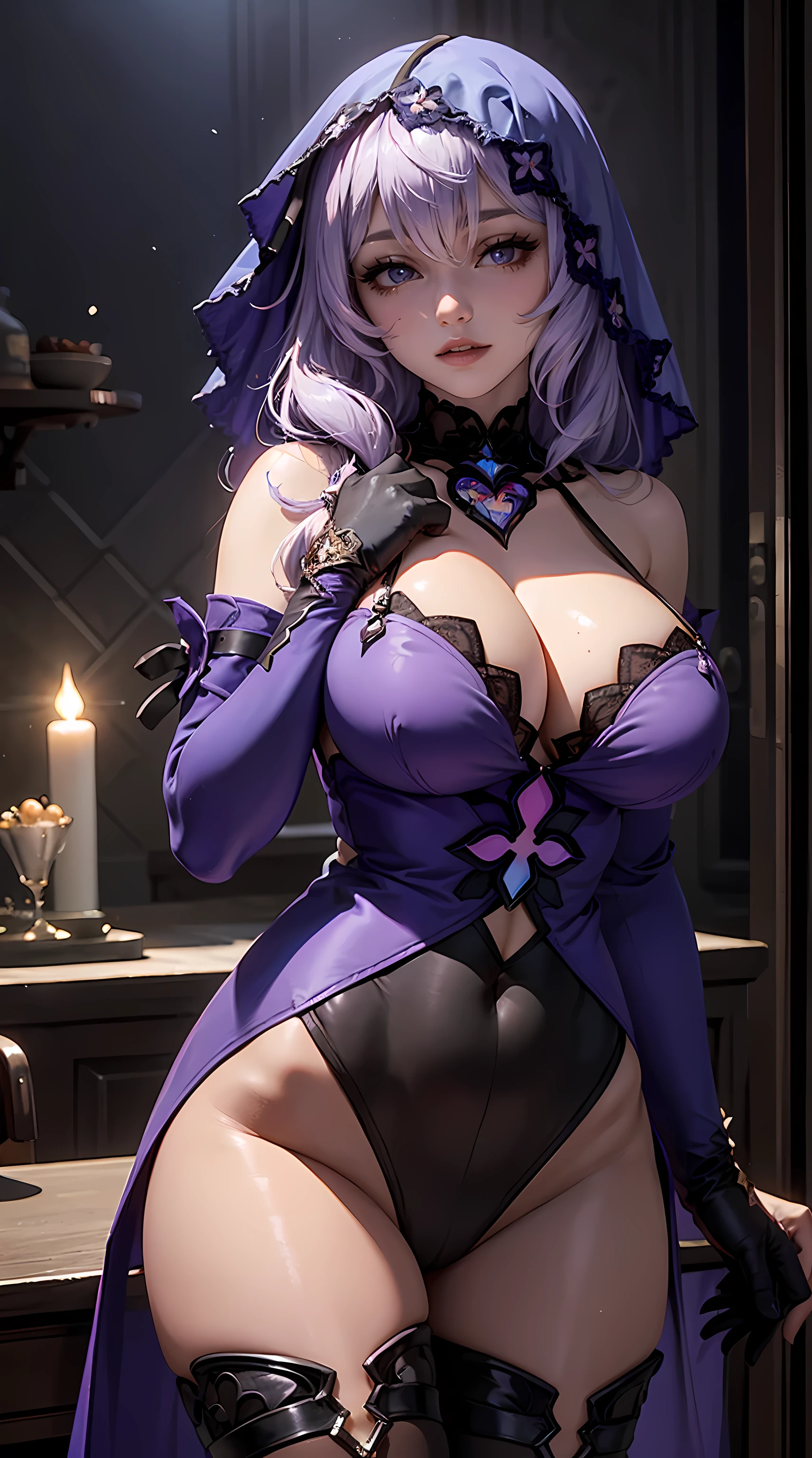Beautiful lavender hair woman is shown to have a slender figure, veil on top of head, she is wearing a beautiful sexy dress, sunset eyes, pantyhose gloves, pantyhose, girl standing in a gala ballroom, sexy session, putting her hands on her waist, poseing, exposed cleavage, cowboy shot, superior quality, many details, realistic