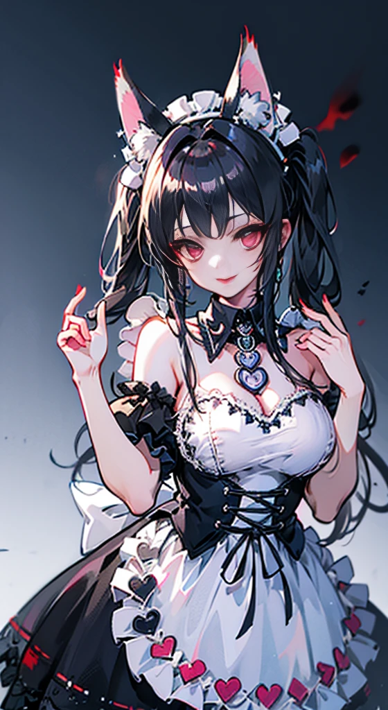 high quality, masterpiece, super detailed, extremely detailed faces, fox ears，handcuffs，collar，noshiro role play costume, role play,maid,apron,Blood-red lips，Smile，charming pink eyes, fox ears, Ridiculously big, shiny skin,