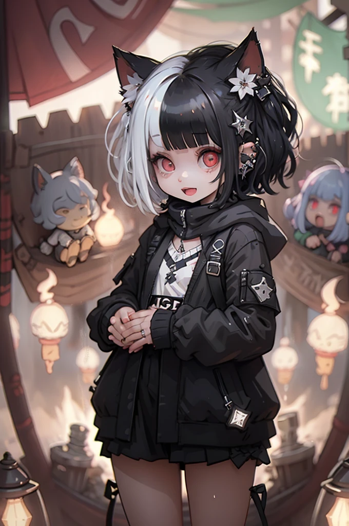 photorealistic,Figure, (chibi, flat, Nendoroid:1.5,plastic),1girl,cute, kawaii,small kid,smile,open mouth,hair floating,black hair and mesh by white,bob cut hair,pale skin,skin color blue,eyes are red,red eyes shining,big eyes,tight tube top,,tight ,dynamic pose:1.6,stomach seen little,punk fashion,beautiful lighting, volumetric lighting, dynamic angle, (photographic portrait), sharp,