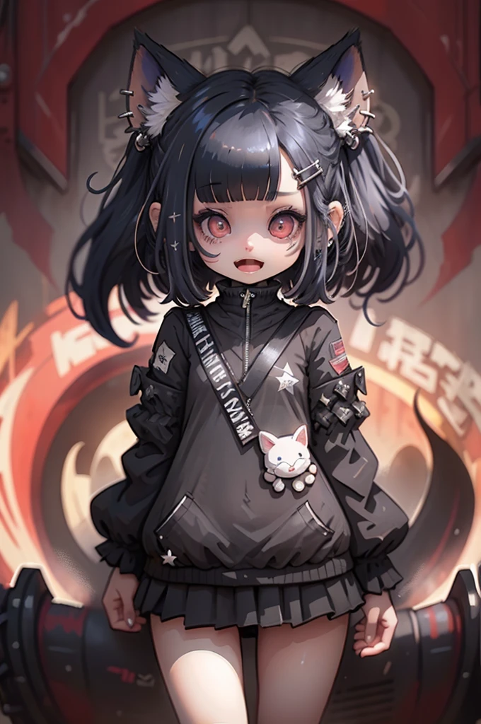 photorealistic,Figure, (chibi, flat, Nendoroid:1.5,plastic),solo,1girl,cute, kawaii,small ???,smile,open mouth,hair floating,black hair and mesh by white,twin tail hair,pale skin,skin color blue,eyes are red,red eyes shining,big eyes,ripped clothes:1.8,tight tube top,breast,tight hot pants,dynamic pose:1.6,stomach seen little,punk fashion,beautiful lighting, volumetric lighting, dynamic angle, (photographic portrait), sharp,