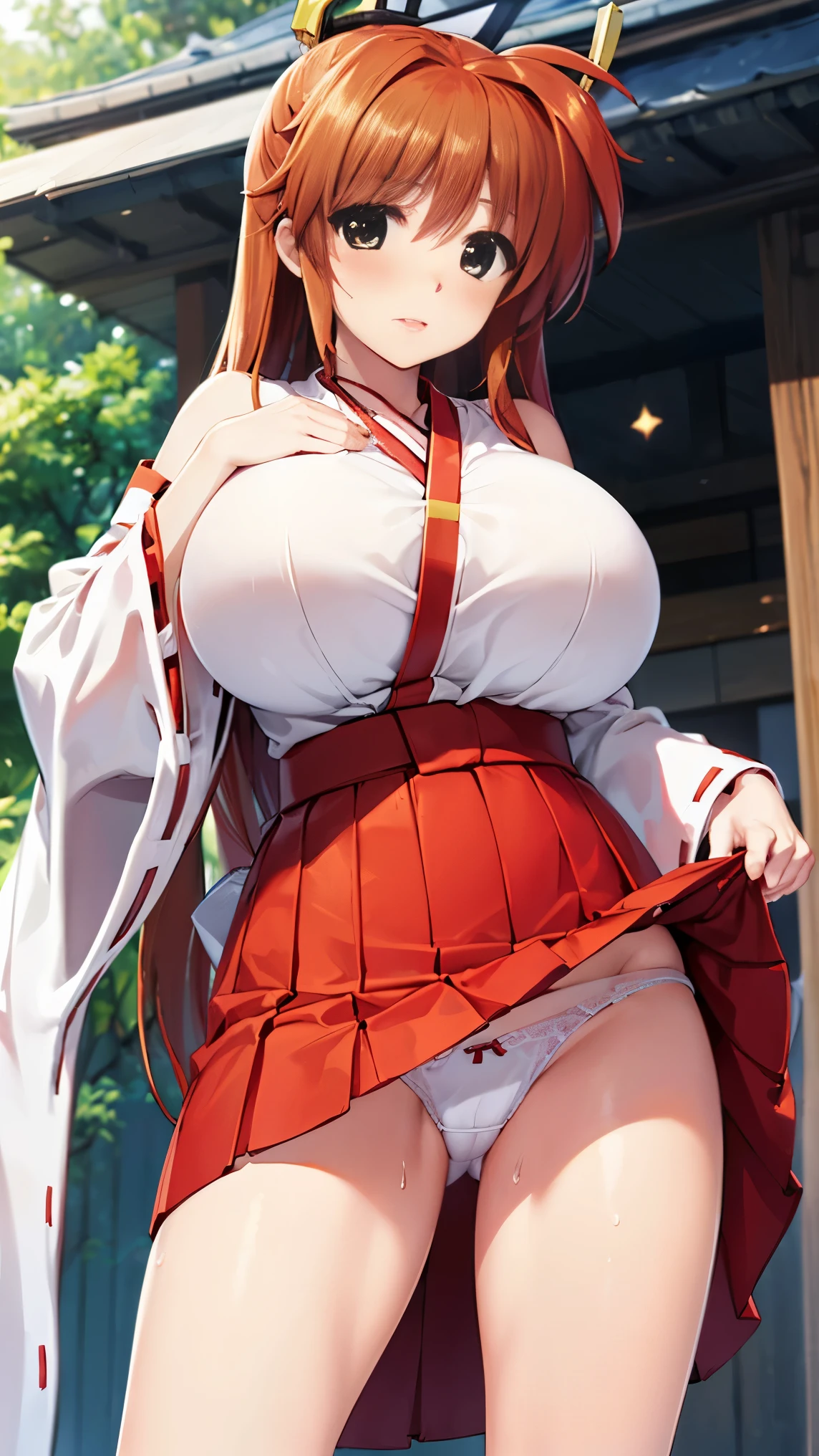 highest quality,best quality,1girl,1uncle,((???????????:1.3)),closed mouth,??????,blush, sweat,Nanoha Takamachi,takamati nanoha,((long hair,straight hair:1.3)),((miko:1.3)),red hakama,mini skirt,????? shot,???????,lift skirt,white panties,lace panties,shrine