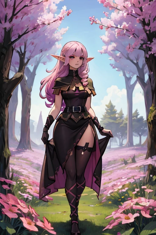 A pink haired female elf with violet eyes and an hourglass figure wearing a Gothic Elven dress is standing in a field of flowers