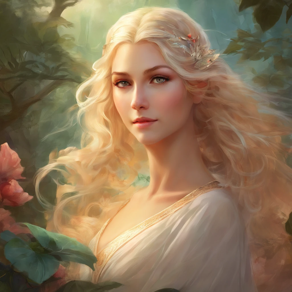 Masterpiece, Best quality,Facing the viewer, Upper body,Middle-aged female,Behavior of Greek gods, Watermelon seed face, ((Skinny eyes)), Mole Under Eye,Brown eyeballs, thin lips, Blonde hair, Very long hair, Mouth closed and smiling,40 years, Personal photography, Simple background,White dress,