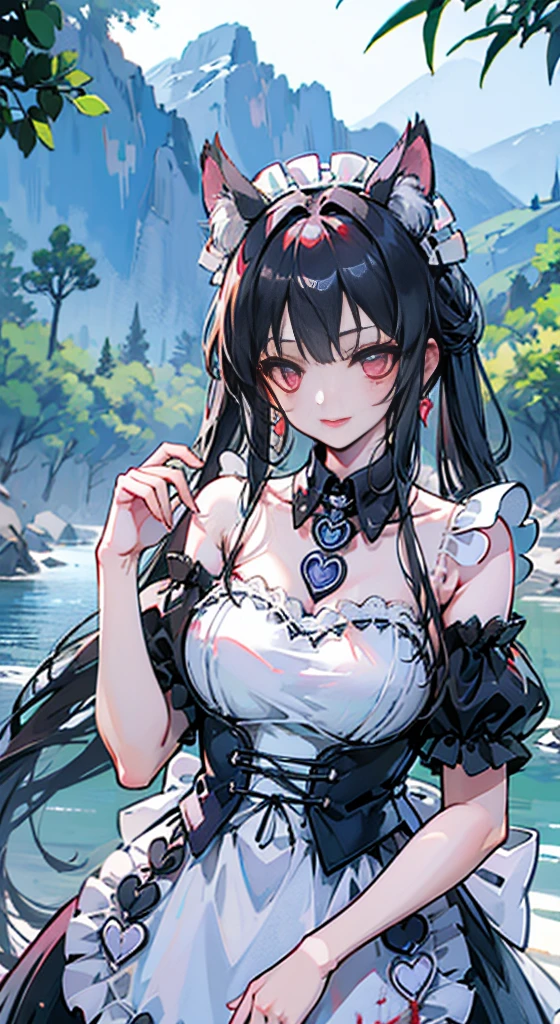 high quality, masterpiece, super detailed, extremely detailed faces, fox ears，handcuffs，collar，noshiro role play costume, role play,maid,apron,Blood-red lips，Smile，charming pink eyes, fox ears, Ridiculously big, shiny skin,Mountainside，water flow，creek，bamboo forest