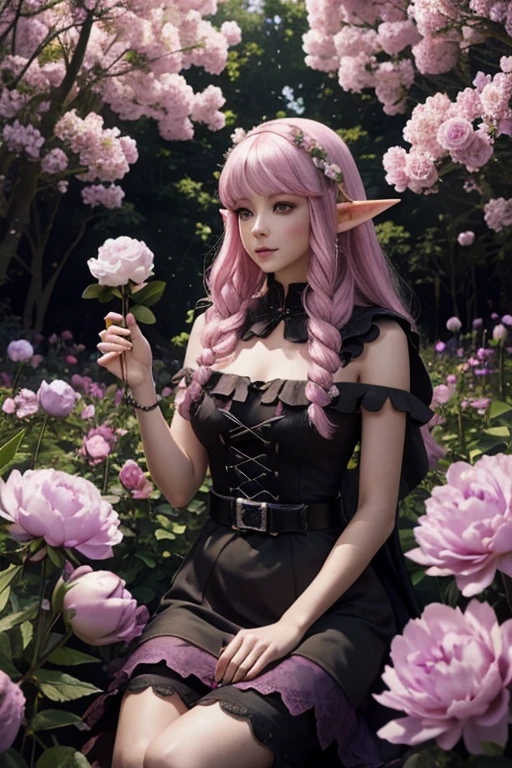 A pink haired female elf with violet eyes and an hourglass figure wearing a Gothic Elven dress is blushing with a peony in her hand in a field of flowers