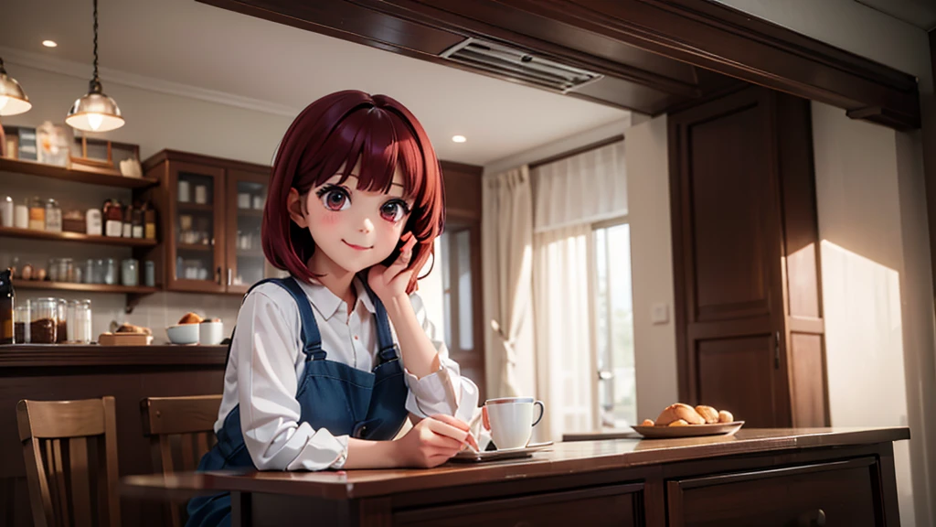 original photo, best quality), 1 girl, Kana Arima, natural lighting, Upper body, cafes, Smile, Satosh Khan Art Style