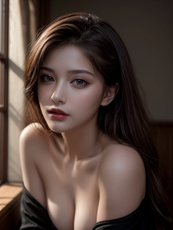 highest quality, masterpiece, ultra high resolution, (realistic:1.5), Raw photo, 1 girl, off shoulder, in the dark, deep shadow, discreet key, cold light, sexy look, Naked 1.5. Small Breasts