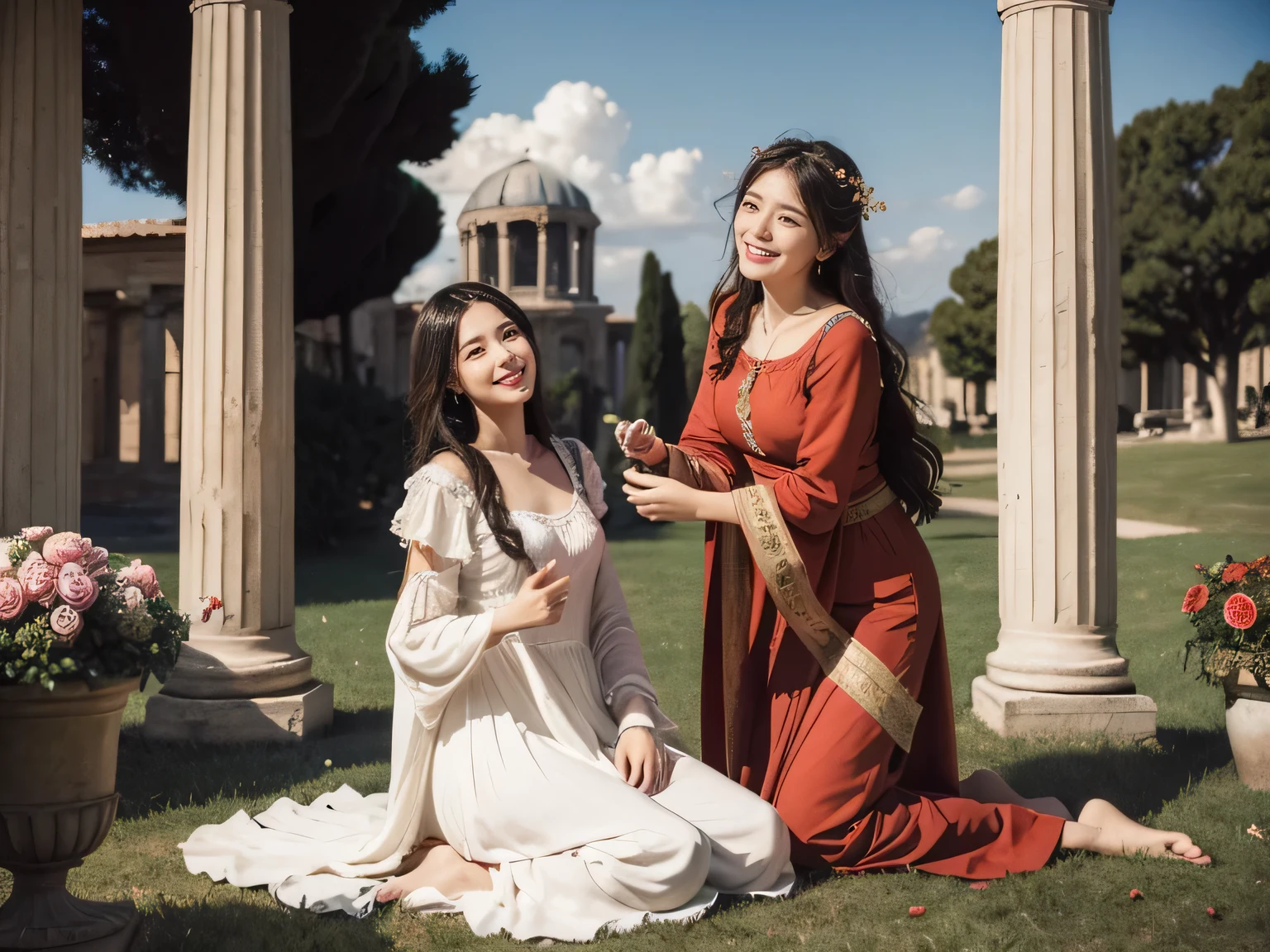 full body portrait or statue、Giorgione painting style,Arguments of two female Philosophe,math、astronomical machine、astronaut、roses in vase、fruits、Cute trinkets、smile、ancient greek costume、Ancient Roman landscape in the style of Nicolas Poussin,laughter,,Sweet and seductive appearance.、Caravaggio's paintings、Chiaroscuro of Caravaggio、hair tousled by the wind,Two women frolicking,cute smile, expression of ecstasy,Sexy,erotic