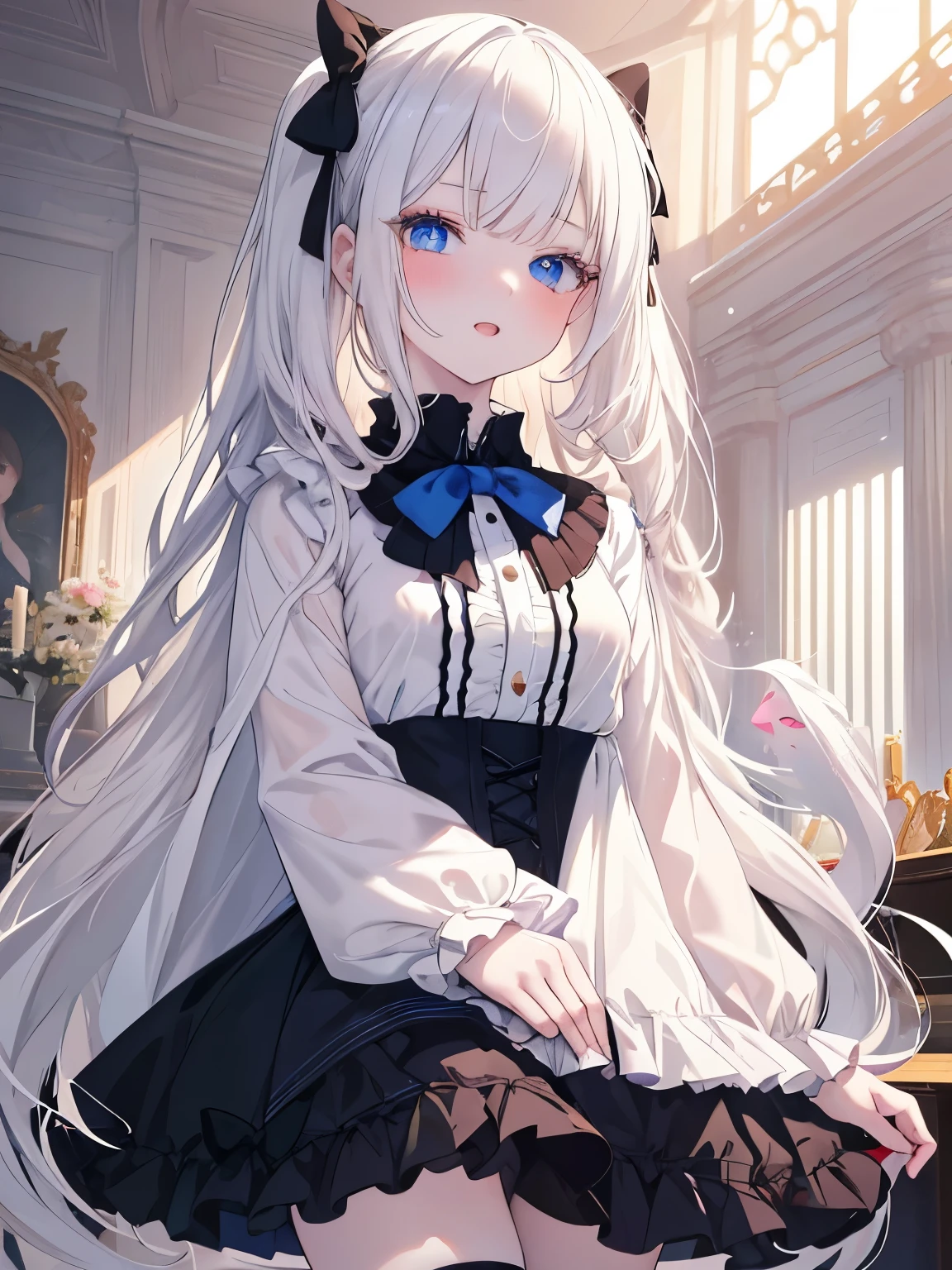 Masutepiece, Highest Quality, (Perfect face:1.1), (high detailing:1.1), (ultradetailed eyes),Dramatic,superfine illustration,Extremely detailed,1girl in,teenager,(pale skin),long white hair,Ethereal eyes,Simple eyes,empty eyes,Blue eyes,blush,Solo,Smile,Happy,Laugh,Enjoy, Open mouth,Pouty lips,Cinematic lighting,upper body,looking up,leaning forward,Long sleeve,Gothic lolita, frilld,bow ribbon,knee high socks,indoor