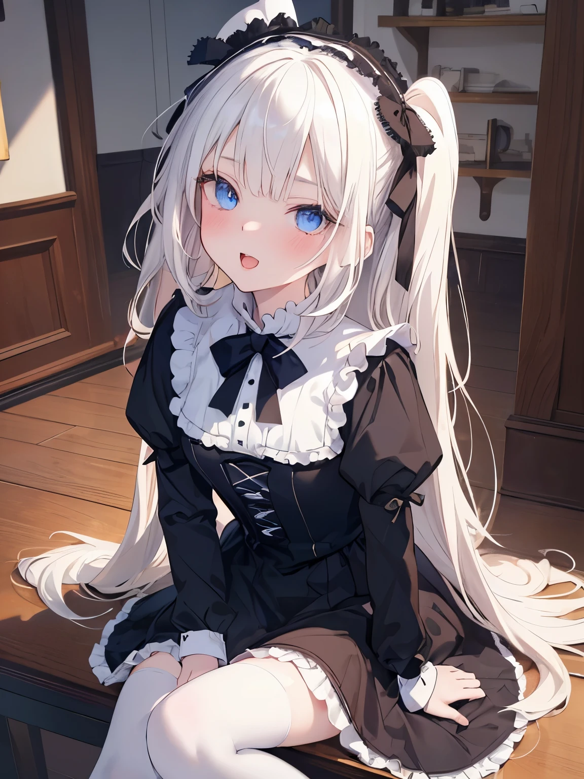 Masutepiece, Highest Quality, (Perfect face:1.1), (high detailing:1.1), (ultradetailed eyes),Dramatic,superfine illustration,Extremely detailed,1girl in,teenager,(pale skin),long white hair,Ethereal eyes,Simple eyes,empty eyes,Blue eyes,blush,Solo,Smile,Happy,Laugh,Enjoy, Open mouth,Pouty lips,Cinematic lighting,upper body,looking up,leaning forward,Long sleeve,Gothic lolita, frilld,bow ribbon,knee high socks,indoor