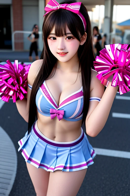 (highest quality,masterpiece:1.3,Ultra-high resolution),(Very detailed、Caustics) (Realistic:1.4, RAW shooting、)Ultra-Realistic Capture、Very detailed、Natural skin texture、masterpiece、(Japanese girl in sequined cheerleader outfit:1.3)、Adorable expression、Expressions of happiness、14 years old、Height: 160cm、Young Face、Amazingly cute、Twin tail hairstyle、Straight hair、Scrunchie、necklace、Black Hair、light makeup、G-cup big breasts、Bare arms、Shining thighs、Shining ass、Shooting at the stadium、Background in detail、Silk panties are visible、smile、An inviting gaze、Anatomically correct、Cowboy Shot、Attention to detail、Pose that emphasizes the legs、