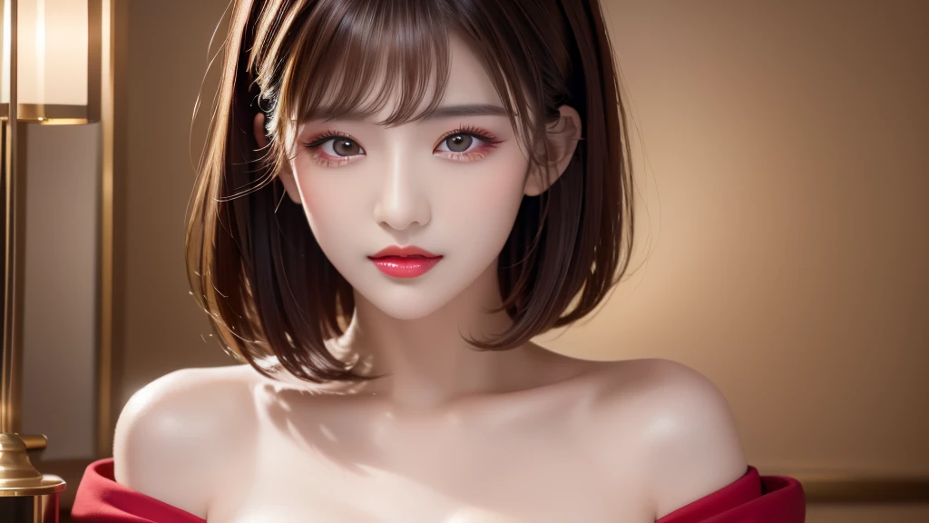 (highest quality、table top、8K、best image quality、Award-winning work)、(one young girl, :1.3)、(Perfect V-neck red long knit sweater:1.2)、(red eyeshadow:1.2)、perfect makeup、long eyelashes、Ultra-high definition sparkling eyes、Ultra HD Hair、Ultra High Resolution Glossy Lips、Ultra High Resolution Perfect Teeth、Super high resolution cute face、brown hair、(Very short straight hair:1.1)、look at me and smile、[clavicle]、accurate anatomy、(close up of face:1.5)、Luxury Love Hotel、(The most moody warm lighting:1.2)、blurred background、With bangs、Super high-resolution glossy and moisturized face、Super high resolution glowing skin、most detailed face、Super high resolution detailed faces、ultra high resolution hair、Super high resolution sparkling eyes、Beautiful face drawn in every detail、Super high resolution glossy red lips、big breasts