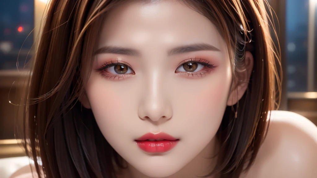 (highest quality、table top、8K、best image quality、Award-winning work)、(one young girl, ************:1.3)、(Perfect V-neck red long knit sweater:1.2)、(red eyeshadow:1.2)、perfect makeup、long eyelashes、Ultra-high definition sparkling eyes、Ultra HD Hair、Ultra High Resolution Glossy Lips、Ultra High Resolution Perfect Teeth、Super high resolution cute face、brown hair、(Very short straight hair:1.1)、look at me and smile、[clavicle]、accurate anatomy、(close up of face:1.5)、Luxury Love Hotel、(The most moody warm lighting:1.2)、blurred background、With bangs、Super high-resolution glossy and moisturized face、Super high resolution glowing skin、most detailed face、Super high resolution detailed faces、ultra high resolution hair、Super high resolution sparkling eyes、Beautiful face drawn in every detail、Super high resolution glossy red lips、big breasts