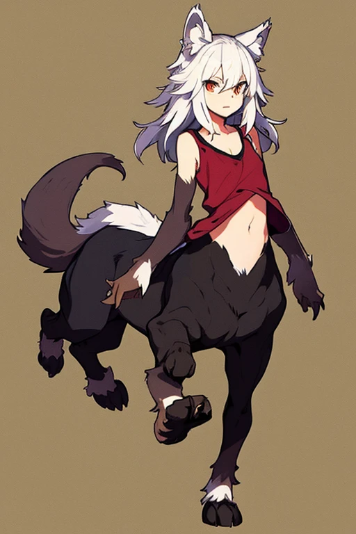 wolf girl、2 Men Arms、Four wolf legs、quadrupedal walking、delicate、delicate face、wolf ears、Silvery white hair and body hair、flat chest、T-shirt、(exposure of the abdomen)、sharp eyes、Super high quality