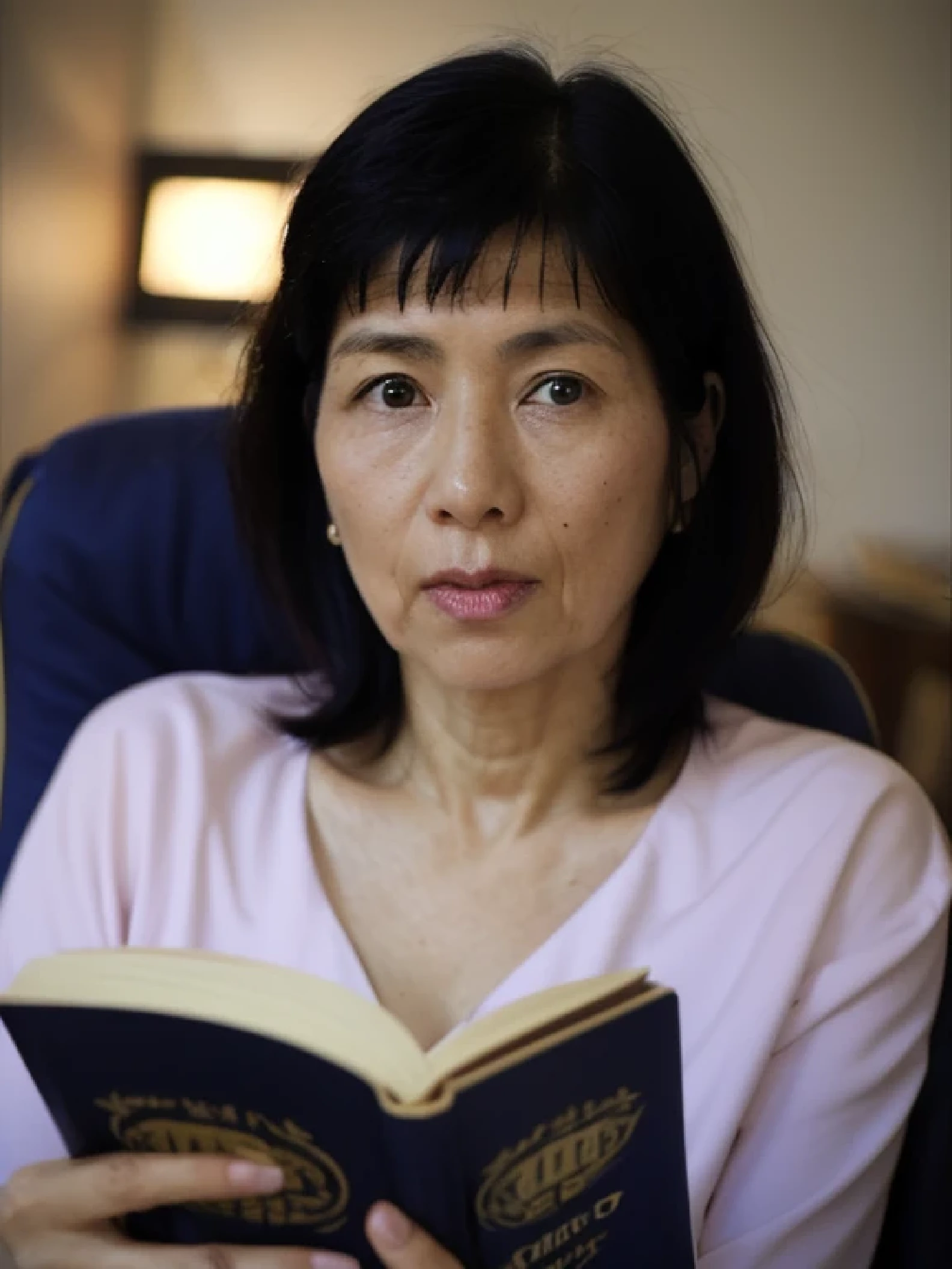((Top Quality)), ((8K)), ((Masterpiece: 1.3)), (Perfect Appearance), (Photorealism: 1.6), (Japanese woman sitting on a chair and reading), (sitting room), (rocking chair), In the dimly lit room, (Woman illuminated by soft lighting), japanese woman, (60 years old), (The woman's gaze is focused on the book in hand:1.4), short hairstyle, (long nightgown: 1.4), (whole bod), low angle