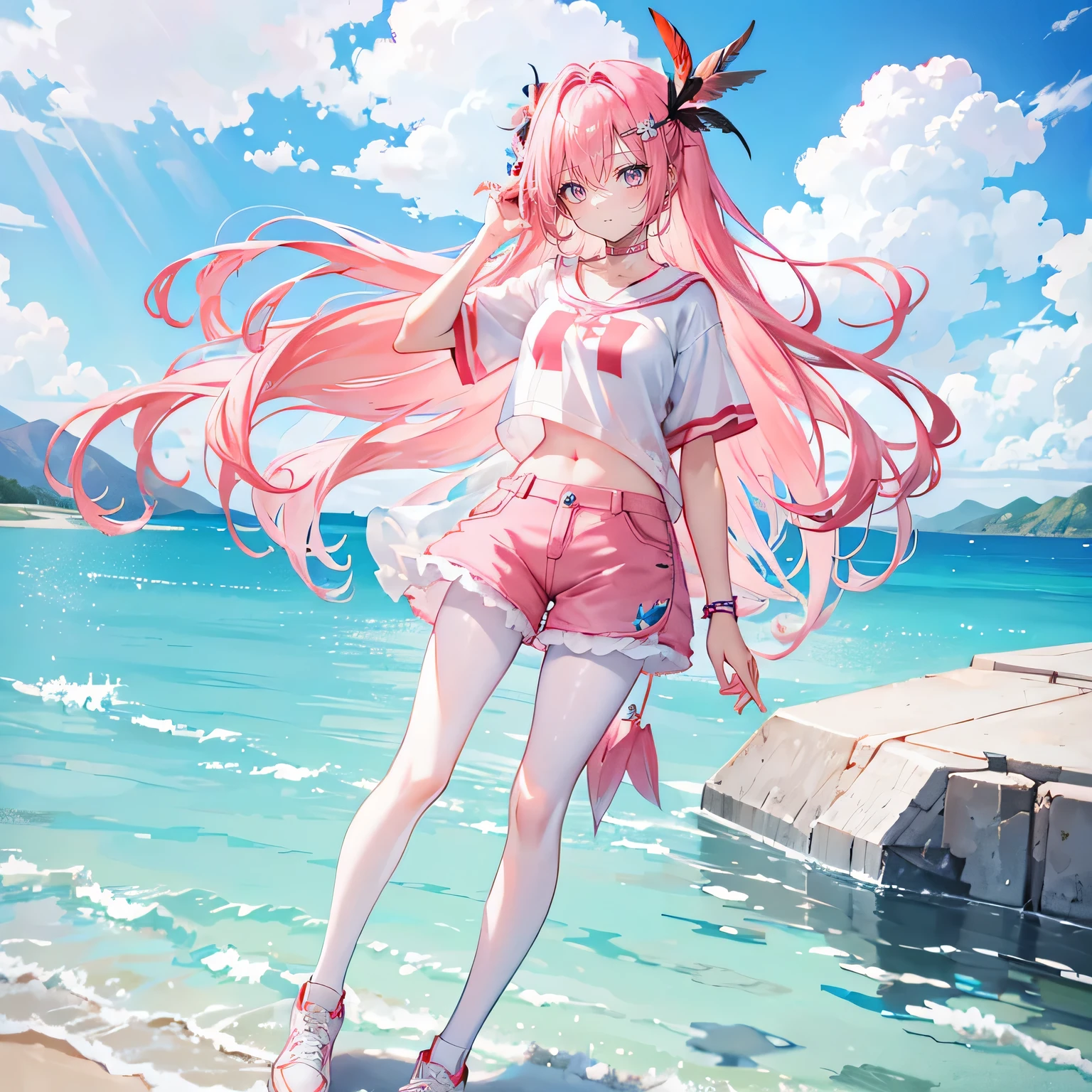 Coral pink hair,long hair,hair over one eye,gray eyes,feather hair ornament,girl,cute,short sleeves,Denim shorts,Navel exposed,White silk pantyhose,White silk pantyhose,sports shoes,full-body shot,whole body,Stand in the salt lake,on the lake,Sky Mirror,Background blue sky and white clouds