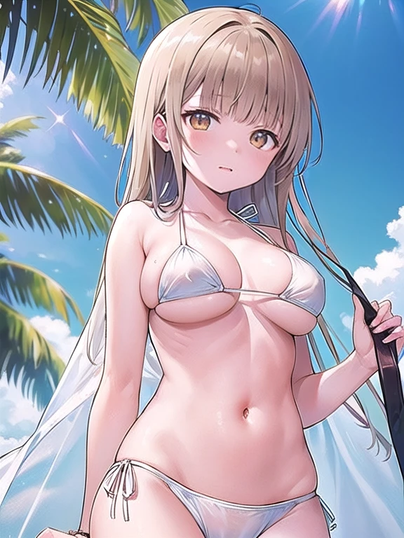 (masterpiece:1.3),((High resolution)),((high quality)),((Super detailed))、1 girl、perfect balance、perfect face、detailed face、cute face、beautiful詳細な目、Expressive eyes、cute eyes、shiny eyes、perfect body、beautiful体、(((white bikini)))、(big breasts)、(head shot)、embarrassing、blush、beach、beautiful女の子、cute face、beautiful顔、cute face、beautiful、best quality、good anatomy、ornaments,Mahiru Shiina ,(Shiina Midday) ,blonde,brown eyes, ((brown eyes:1.7)),smile、closed mouth、blush、Are standing、from below、(NSFW:1.3),