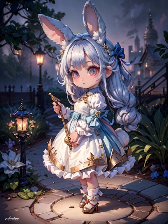 (3D,3D Art),#quality(8k,wallpaper of extremely detailed CG unit, ​masterpiece,hight resolution,top-quality,top-quality real texture skin,hyper realisitic,increase the resolution,RAW photos,best qualtiy,highly detailed,the wallpaper), BREAK ,1rabbit girl is in the rainy city holding parasol,#1rabbit girl(human,Chibi:2.0,cute,kawaii,small kid,white hair:2.0,long hair:2.0,rabbit ear:2.0,rabbit ear is white:2.0,rabbit ear is fluffy,white dress,red eyes,big eyes,skin color white,big hairbow,breast), BREAK ,#background(outside, city,raining ,shiny and bright),(when generating the hand please generate them anatomically very correctly for sure:1.6),(chibi:1.8),(generate the holding parasol correctly)
