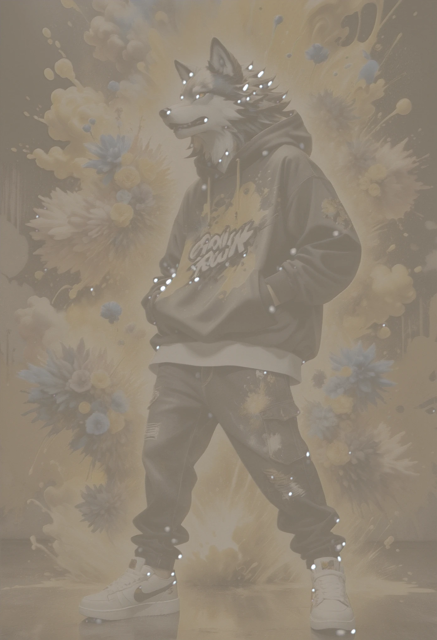 A stunning ink painting featuring an anthropomorphic Wolf head dressed in a hip-hop outfit. Lobo wears a bold, graffiti-inspired hoodie, black jeans, and a pair of stylish sneakers. Posing varied. The background is an explosion of gold and black watercolors, creating a dynamic inkblot and splash art effect. Featured name ''Thayla Online AI'. The undulating colors perfectly match the sleek, hyper-realistic shape of the logo, showcasing the artist's exceptional attention to detail and craftsmanship.