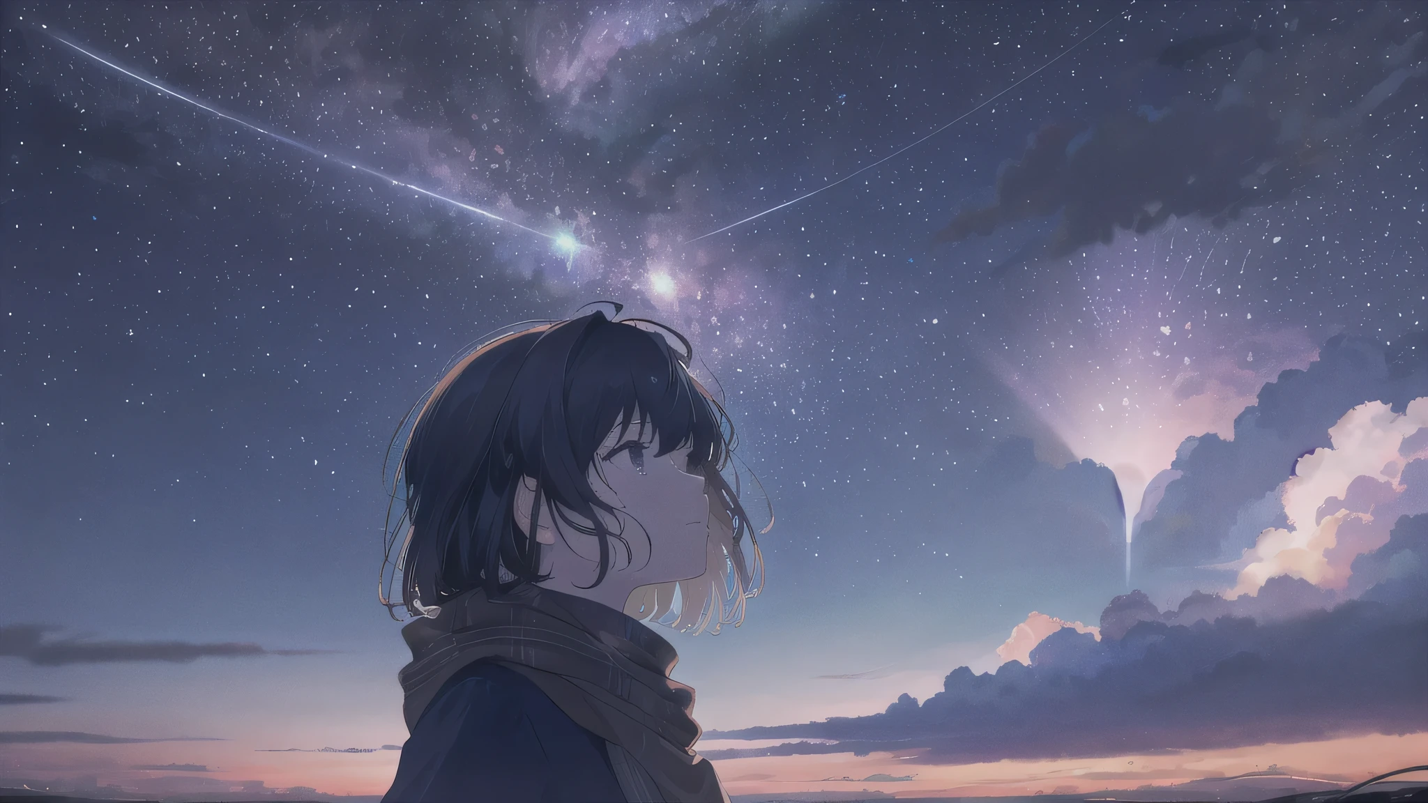 1 girl, starry sky, ,stare into the distance, looking up, get up