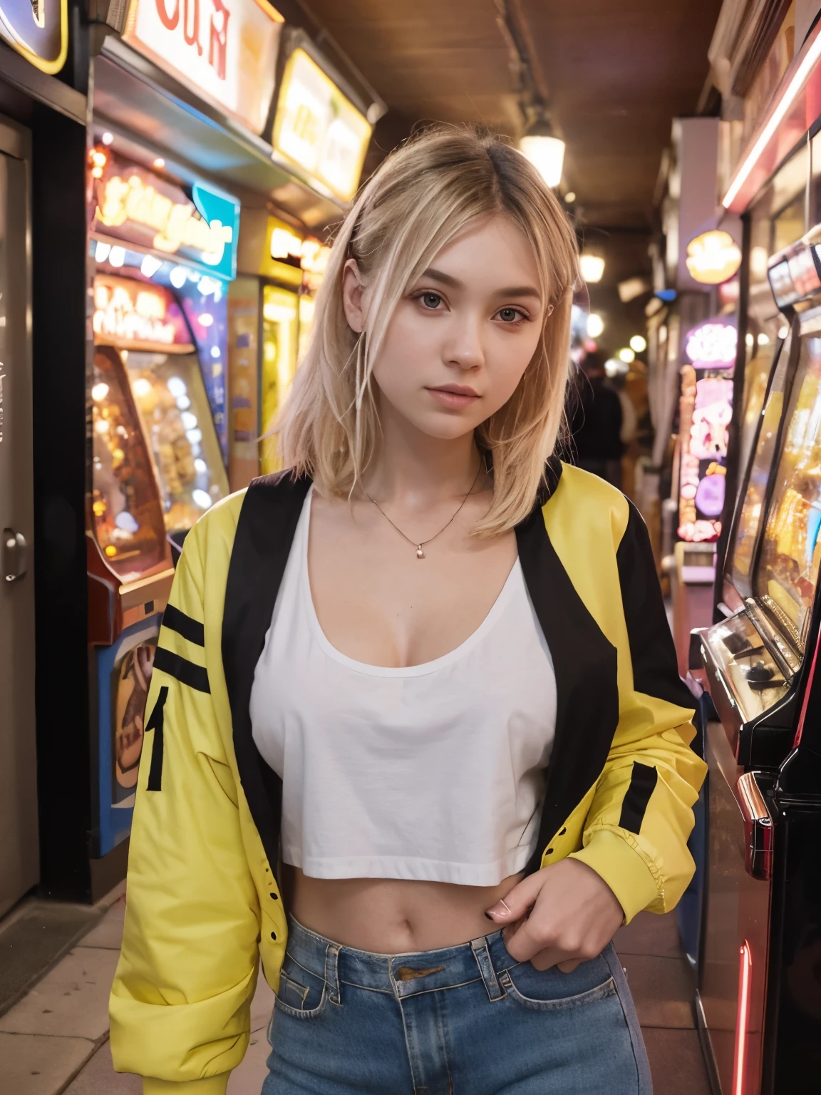 Beautiful blonde 24 years old woman, lolalove, asymmetrical mohawk, wearing yellow bomber jacket, white loose t-shirt,  80s arcade, college skirt, neon lights, canon 18 mm, night, realistic portrait, highly detailed, analog style, deep cleavage, playing pacman