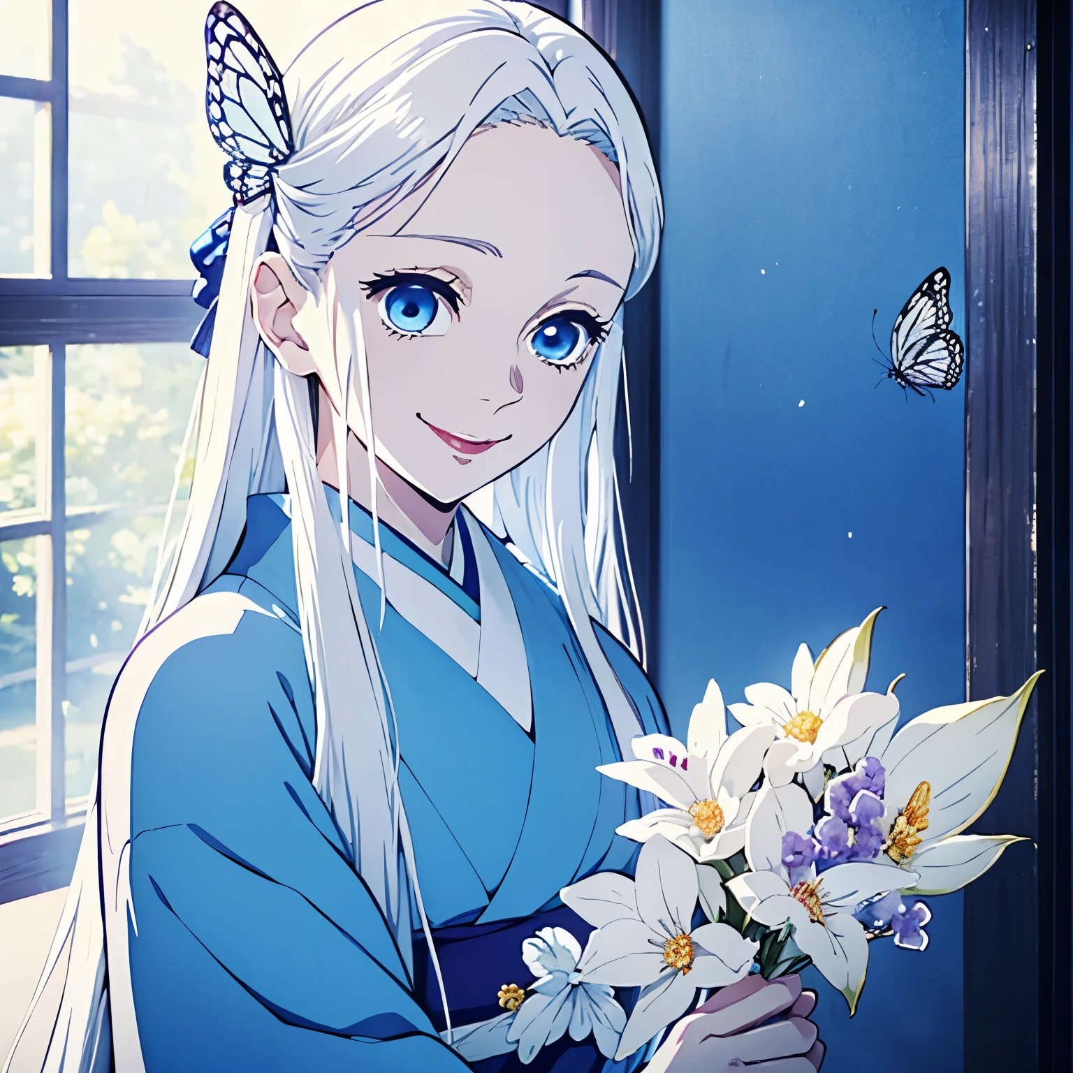 White hair, long straight hair, blue eyes, beautiful girl, blue kimono, white haori, day time, smile, face focus, smile, butterfly hair pin